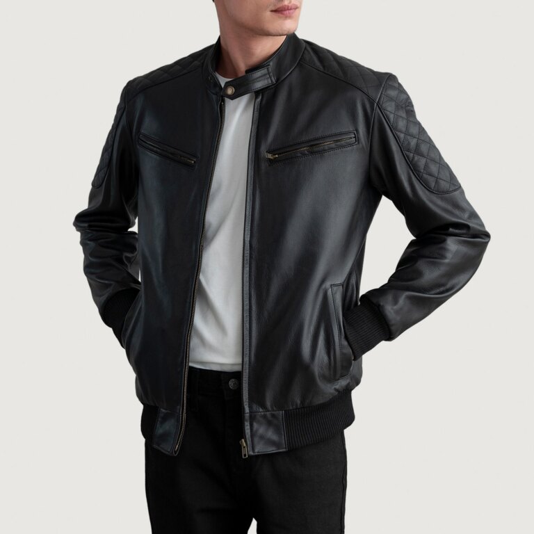 Mens Sven Black Leather Bomber Jacket Open Front-4-1724139952028